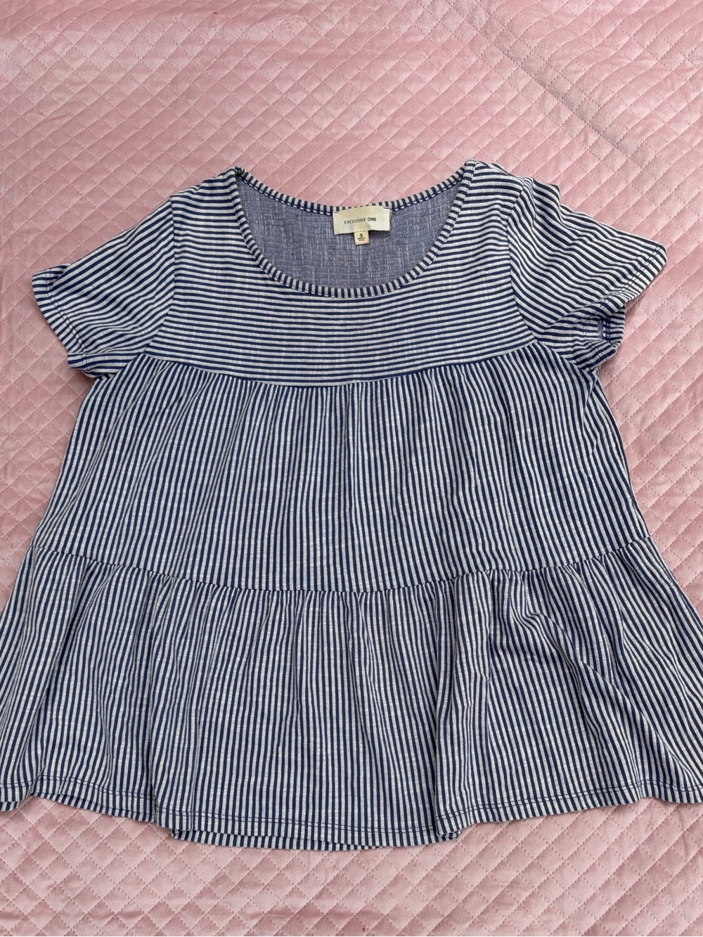 EXCLUSIVE ONE - Navy and White Striped Tiered Short Sleeve Tee